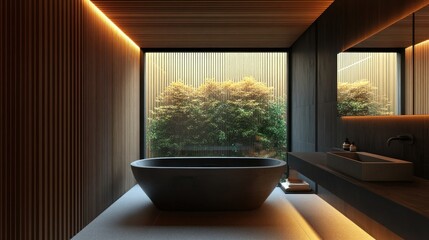 Modern minimalist bathroom with freestanding tub, garden view, and wood accents.