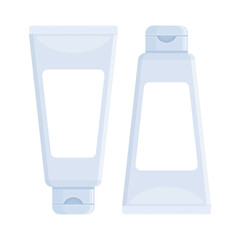 Set of blank grey cosmetic tubes. Cream, lotion, shampoo, gel package. Hygiene, skincare, personal care product concept. Flat vector illustration isolated on white background, mockup with copy space