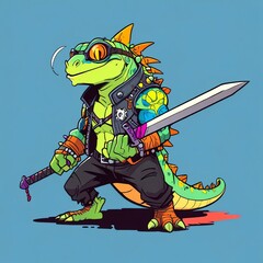 Rebellious Lizard Warrior: A vibrant illustration of a tough, punk-rock lizard wielding a sword, showcasing bold colors and a unique character design.