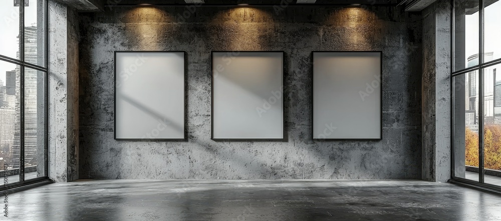 Poster a modern gallery space with three empty frames on a concrete wall.
