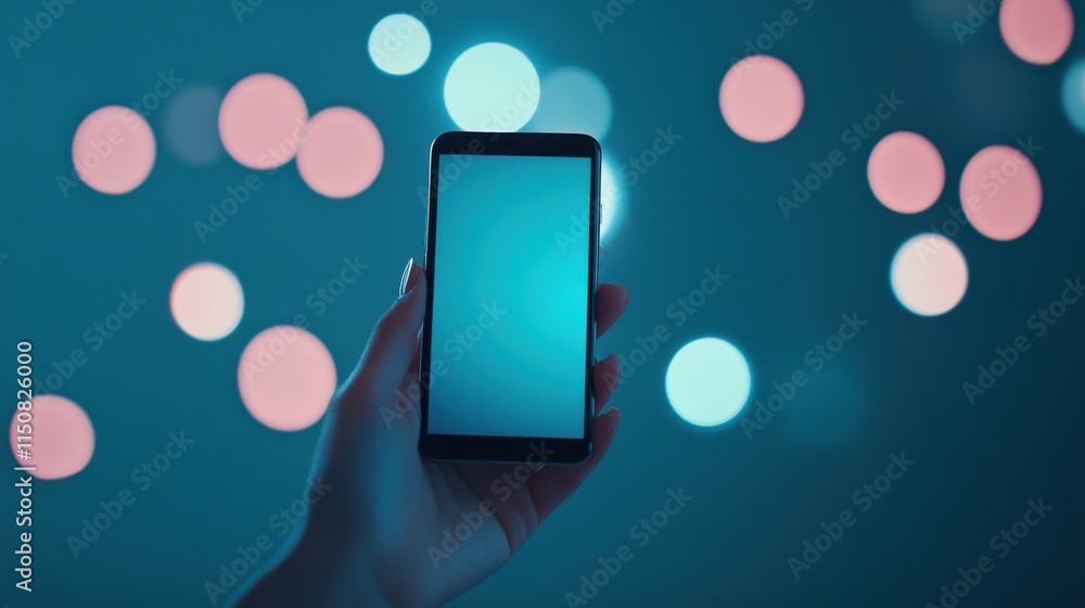 Poster hand holding smartphone with blank screen amidst ethereal bokeh lights in soft blue and pink tones, 