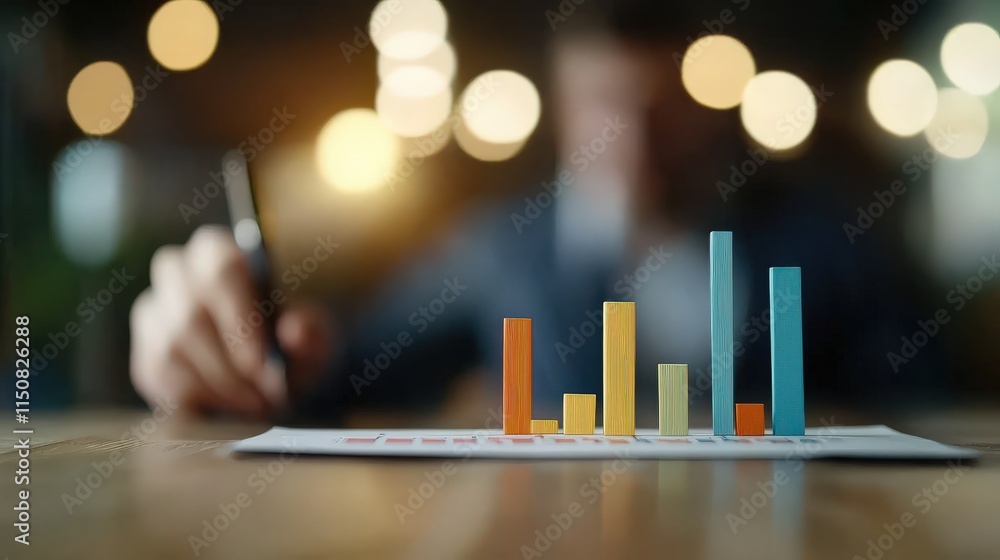 Poster Close-Up of Colorful Bar Graphs on a Table with Blurred Background Highlighting Business Analysis and Growth Strategies in an Office Setting