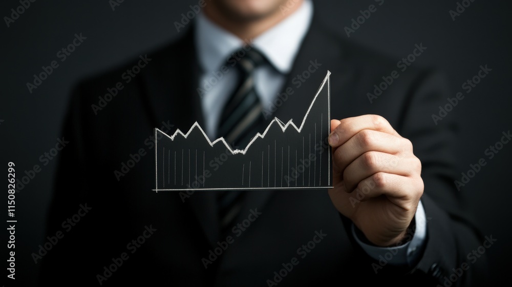 Poster business professional holding a transparent graph chart representing growth and success in a corpora