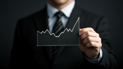 Business Professional Holding a Transparent Graph Chart Representing Growth and Success in a Corporate Environment with Dark Background