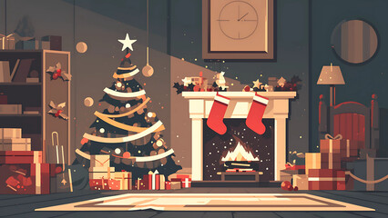 Cozy Christmas Living Room with Tree and Fireplace