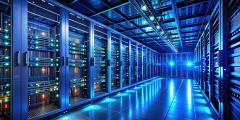 Fototapeta premium Electric blue lights paint the server room, a mesmerizing spectacle of nocturnal technology.