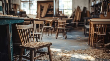 A carpenter's shop with wood shavings on the floor, half-finished chairs and tables in the background, 