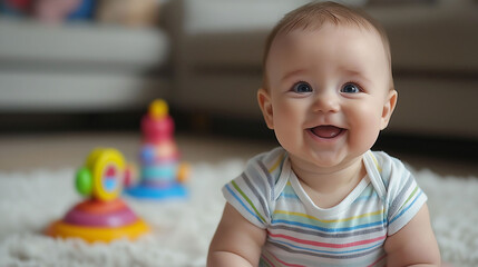 Portrait of a smiling baby, with some of his toys in the background