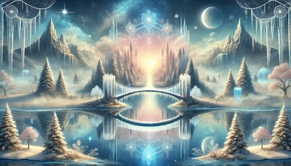 A Serene Fantasy Scene Featuring a Delicate Ice Bridge Connecting a Snowy Forest to a Mystical Realm