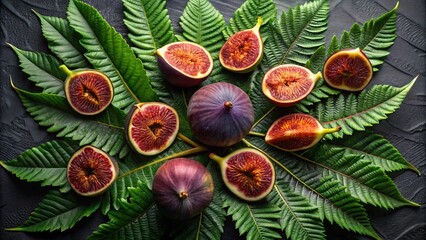Fototapeta premium A vibrant still life featuring halved and whole figs arranged artfully on lush green foliage