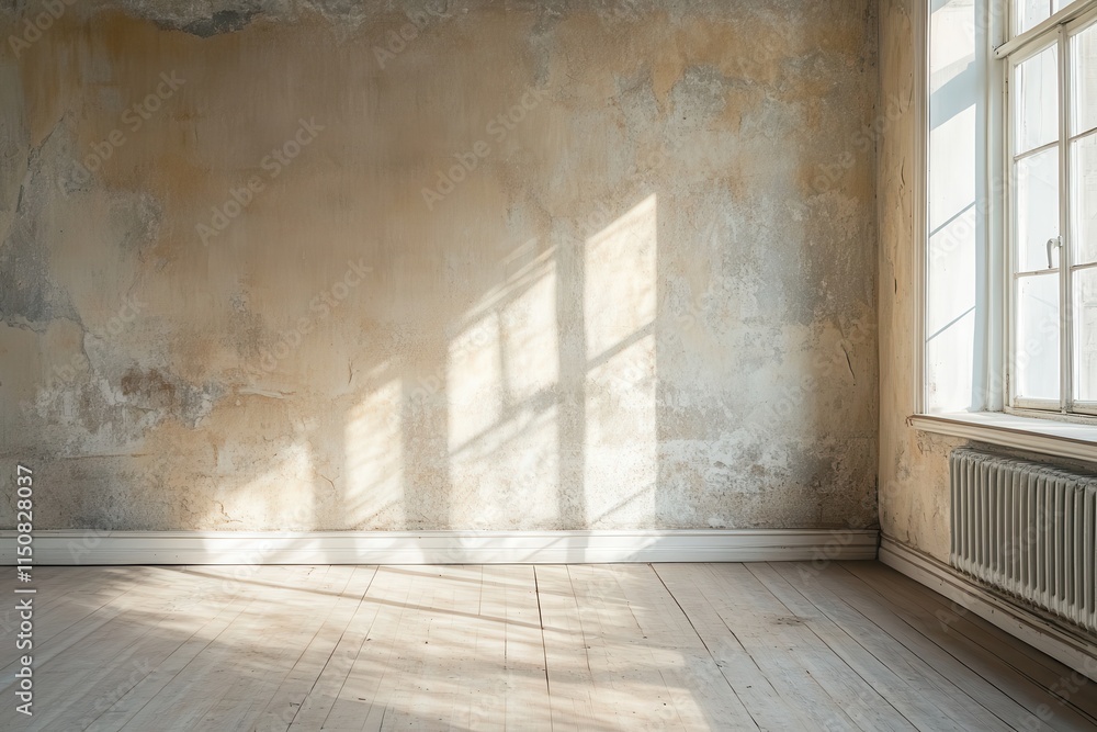 Poster empty room with textured walls and wooden floor; sunlight streams through a window. perfect for show