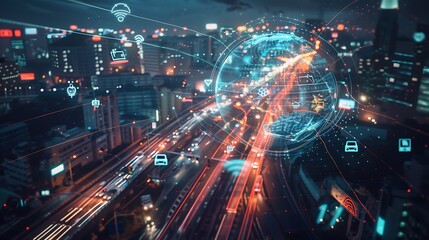 Naklejka premium Smart City and Global Network Connectivity: Futuristic Urban Landscape with Integrated Technology and Data Flow