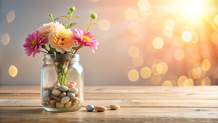 Spring flowers in a glass jar with colorful stones on a wooden surface