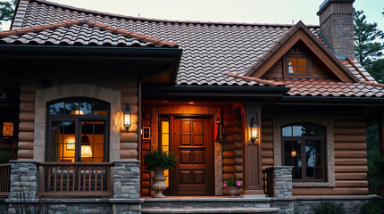 A log home with a brown tile roof, stone accents, and illuminated windows and entryway. The home features a prominent front door and is set against a backdrop of trees.