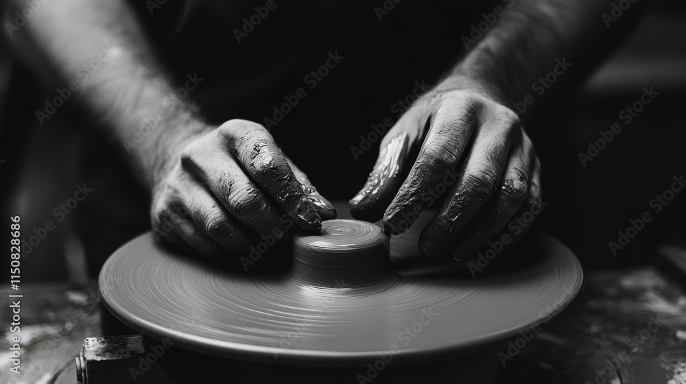 Poster artisan potter hands shaping clay on wheel in monochrome: captivating craftsmanship of pottery in cr