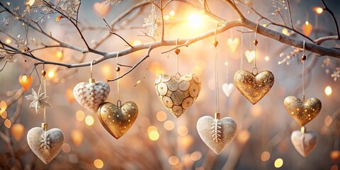 Romantic winter scene with glistening heart ornaments hanging from a tree branch illuminated by warm lights