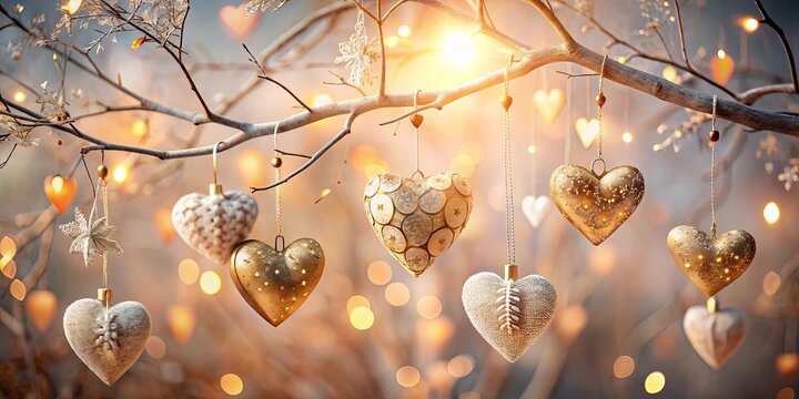 Romantic winter scene with glistening heart ornaments hanging from a tree branch illuminated by warm lights