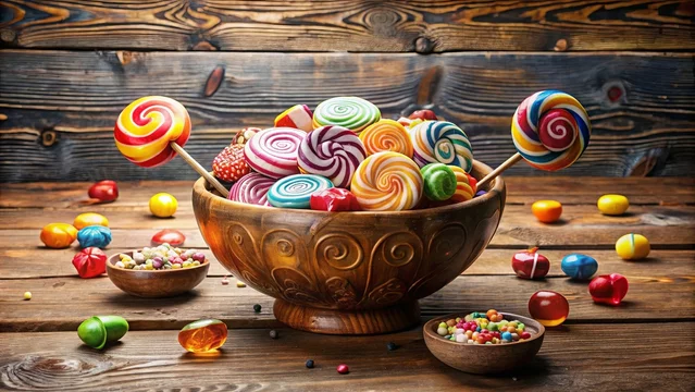 A delightful assortment of colorful swirl lollipops and assorted candies in a rustic wooden bowl, surrounded by scattered sweets on a dark wooden surface.