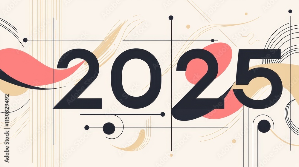 Poster minimalist typography design for year 2025 in simple colorful style with abstract elements