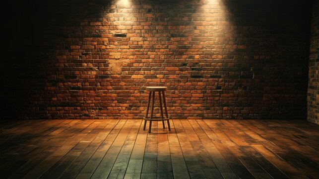 Wooden stool on rustic brick wall backdrop. Ideal for stage, bar, or vintage designs.