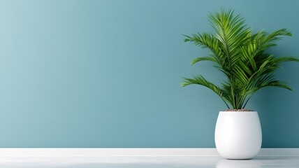 Fototapeta premium Potted palm plant with green foliage and white pot set against blue wall