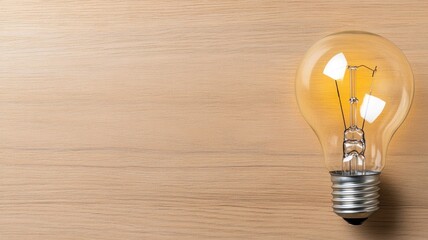 Lit light bulb on wooden surface symbolizing ideas or creativity