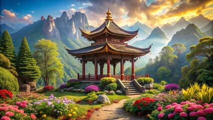 Obraz premium Serene Pavilion Amidst Lush Gardens and Majestic Mountains at Sunset