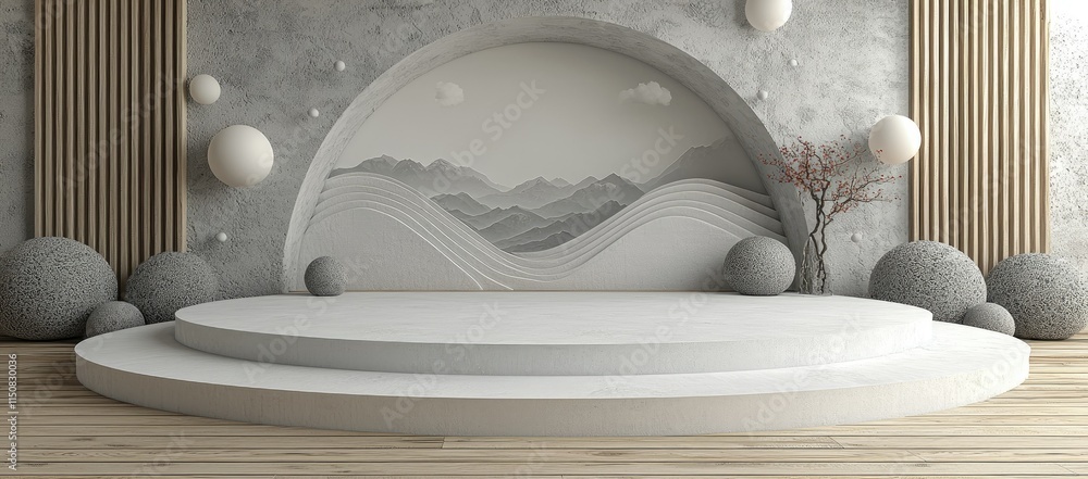 Poster a modern stage design featuring abstract mountains and round elements.