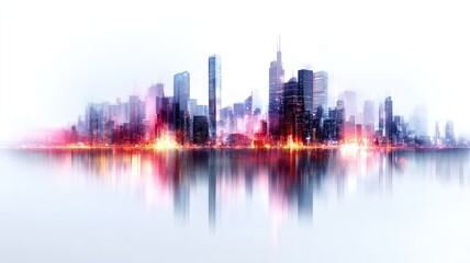 Surreal urban skyline with vibrant lights reflecting on water