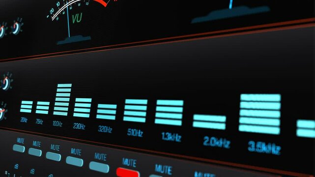 Digital sound mixer and equalizer in close-up. Recording studio, frequencies, decibel, volume.