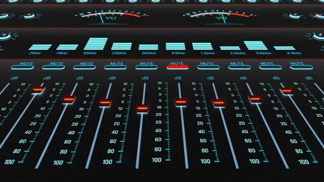 Sound mixer with volume unit, equalizer, buttons and slide control. Recording studio, adjustment of frequencies and other technical sound parameters.