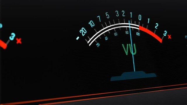 Close up of two VU (Volume Unit) or level meter. Sound mixer decibel meter, frequency, digital equalizer.