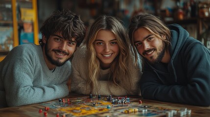 Fototapeta premium Three friends enjoying a board game together in a cozy setting.