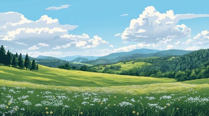 Fototapeta premium Serene landscape; blooming meadow, rolling hills, and blue sky with fluffy clouds. Ideal for travel, nature, or idyllic rural settings; evokes peace and tranquility.