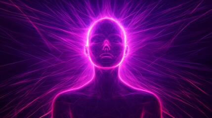 Ethereal Figure Surrounded by Vibrant Purple Energy Aura, Representing Spiritual Awakening and Mystical Connection in a Cosmic Environment
