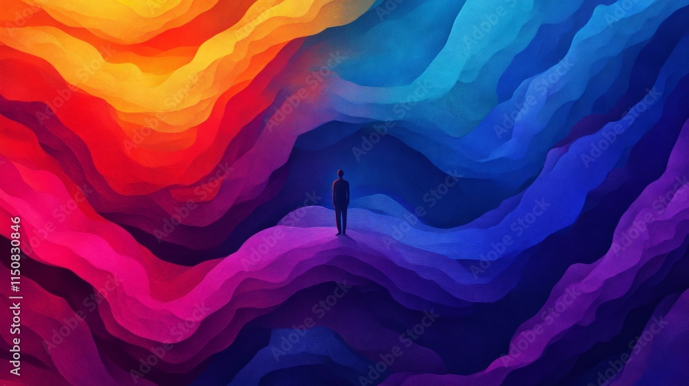 Poster abstract representation of solitude with vibrant colors and a person amidst wavy patterns symbolizin