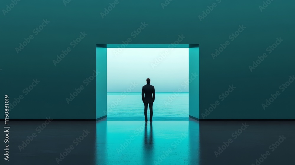 Poster contemplative man standing before an open doorway with ocean view in minimalist setting, evoking fee