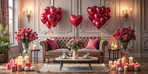Romantic Living Room Decor with Heart Balloons and Flowers