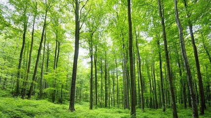 Fototapeta premium Tall green trees in lush forest under bright daylight