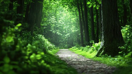 Obraz premium Serene forest path surrounded by lush greenery and tall trees