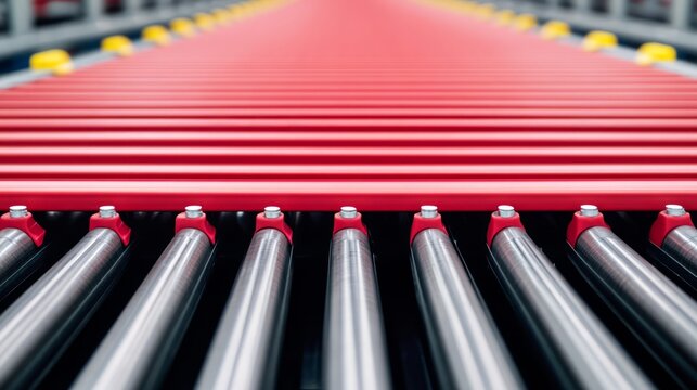Industrial Conveyor Belt System with Bright Red Rollers Captured in a Close-Up Perspective, Illustrating Efficient Material Handling in Modern Warehouses