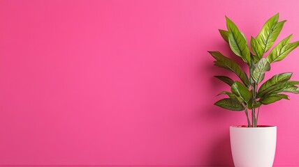 Green plant in white pot against bright pink wall