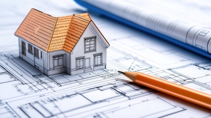 Miniature house model and blueprints with orange pencil