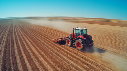 Obraz premium A Red Tractor Efficiently Plowing a Large Agricultural Field Under a Clear Blue Sky, Highlighting Farming, Agriculture, and Rural Life.