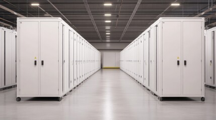Modern Industrial Storage Facilities Featuring Rows of Clean, White Cabinets in a Large, Spacious Warehouse Designed for Efficient Organization and Accessibility