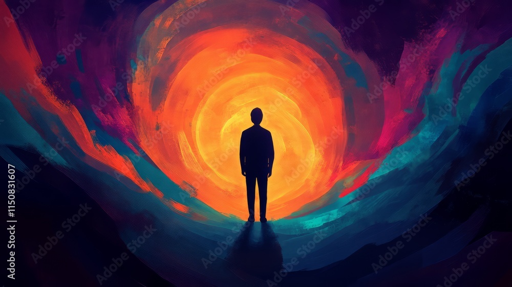 Poster silhouette of a person standing alone in a vibrant abstract landscape of swirling colors representin