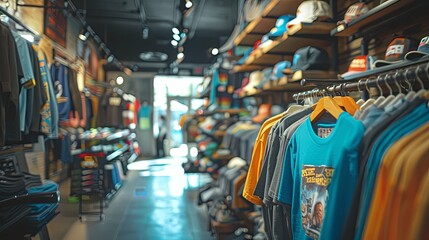 Fototapeta premium Clothing Store Interior: Rows of T-shirts and Hats on Display