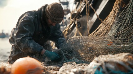 Fisherman Working on Fishing Nets by the Shore Under Bright Sky, Surrounded by Equipment and Tools, Capturing the Essence of Maritime Life and Hard Work
