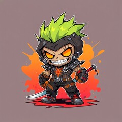 Chibified Warrior: Spiky Hair, Fierce Gaze, and Deadly Weapon