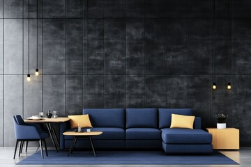 Modern Scandinavian Studio with Blue Sofa and Dining Area